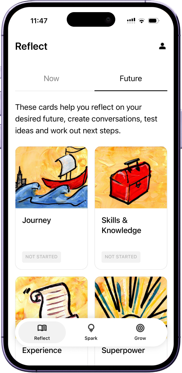 Reflect tab showing Now and Future self-reflection cards