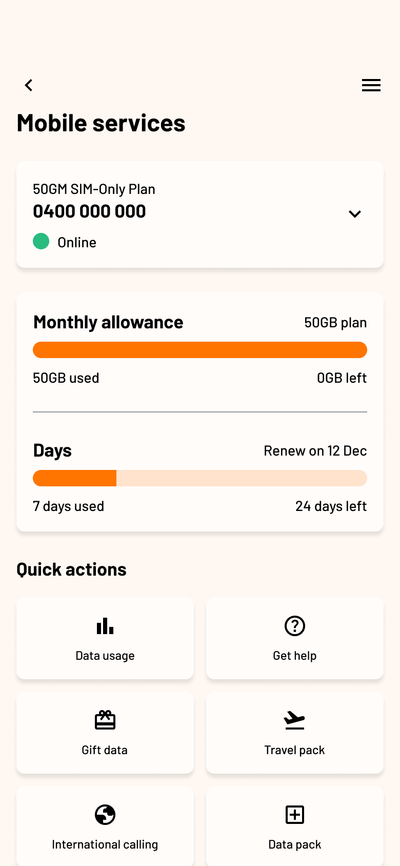 Mobile services screen showing plan allowance and quick actions